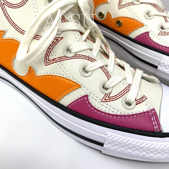 Converse Ctas Leather High Top Egret Red Orange🍊W - Picture 7 of 8